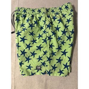 Tom & Teddy Swim Trunks Mens L Lime Green Starfish Excellent Drawstring Shorts